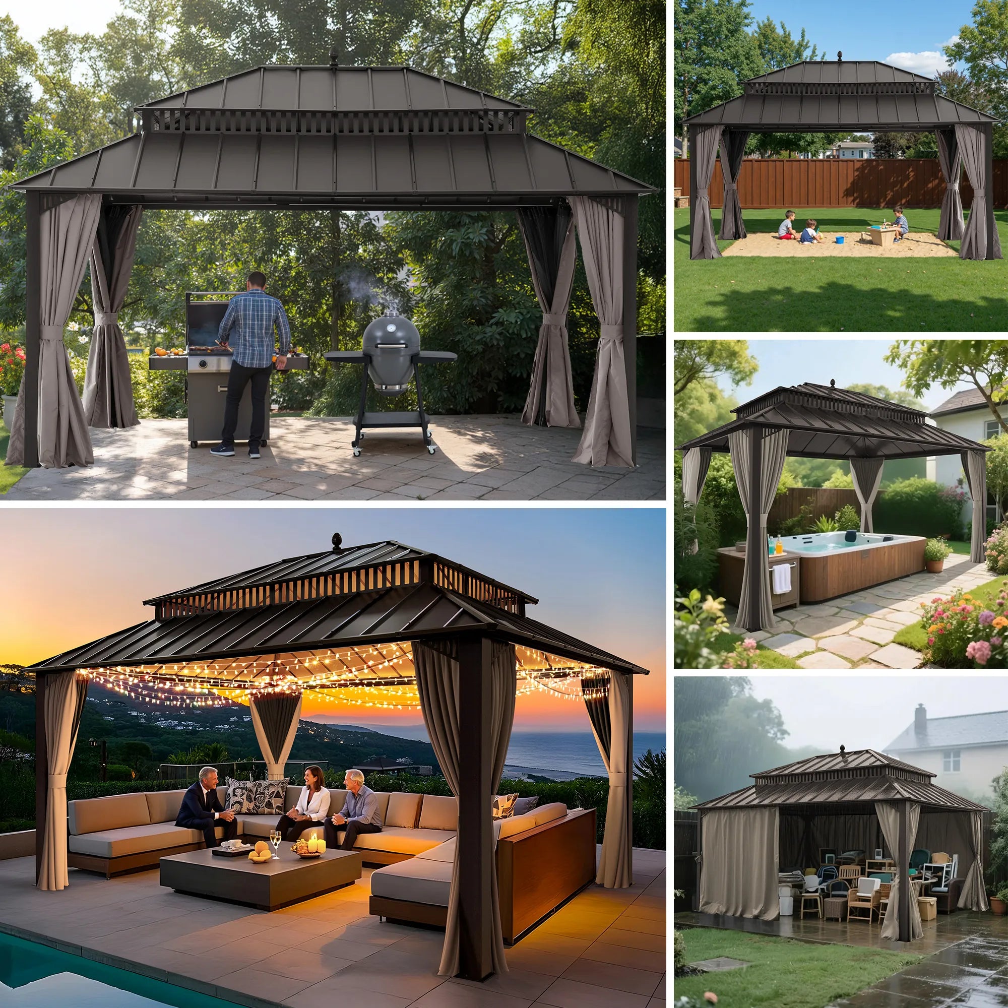 SUNJOY Kingston 12x16 Gazebo with Netting & Curtain | Steel Roof - Brown Aluminum Posts