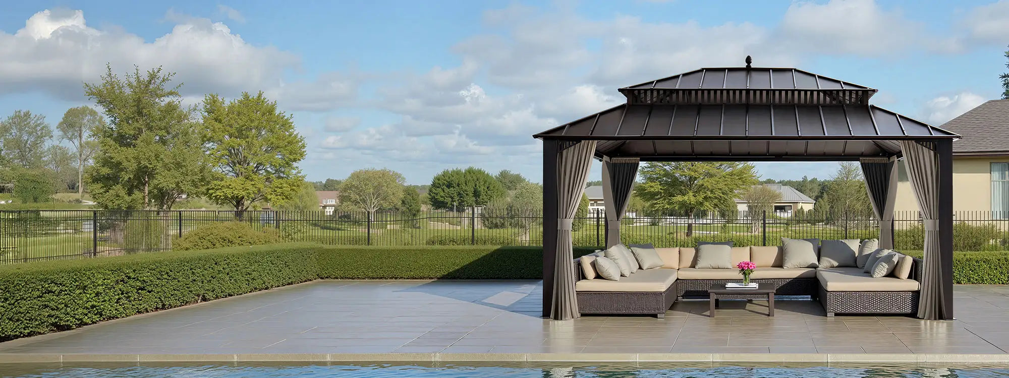 SUNJOY Kingston 12x16 Gazebo with Netting & Curtain | Steel Roof - Brown Aluminum Posts