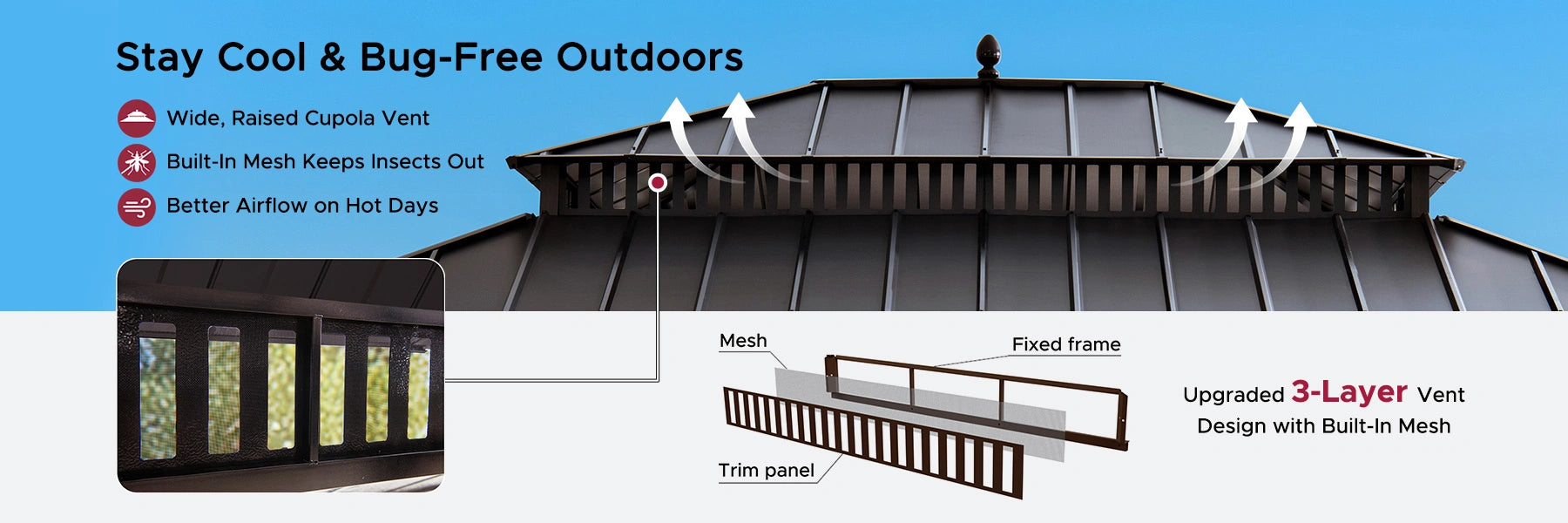 SUNJOY Kingston 12x16 Gazebo with Netting & Curtain | Steel Roof - Brown Aluminum Posts