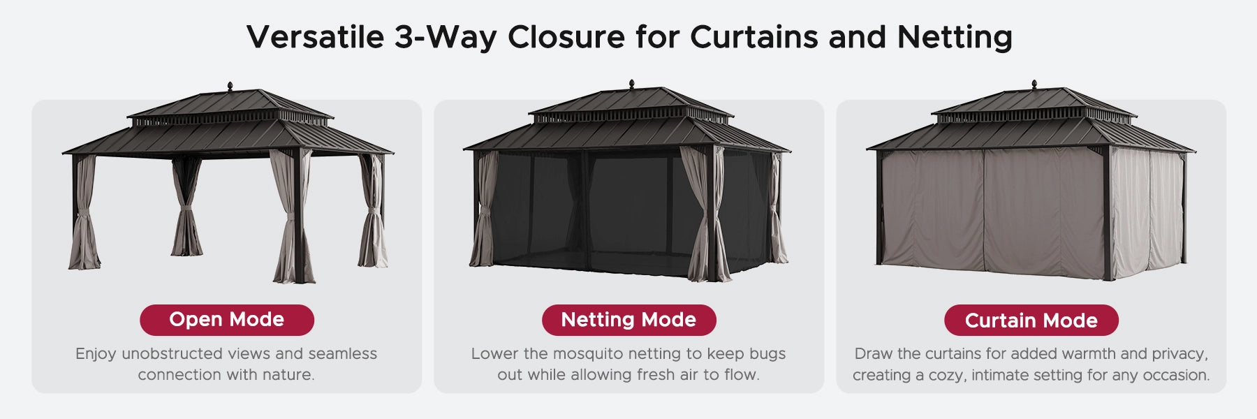SUNJOY Kingston 12x16 Gazebo with Netting & Curtain | Steel Roof - Brown Aluminum Posts