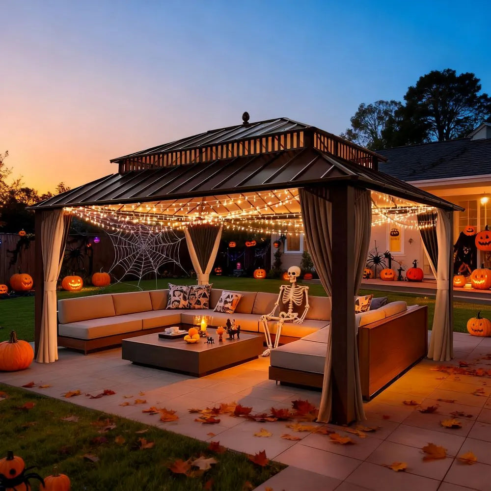 Outdoor gazebo with Halloween decorations including pumpkins and a skeleton.