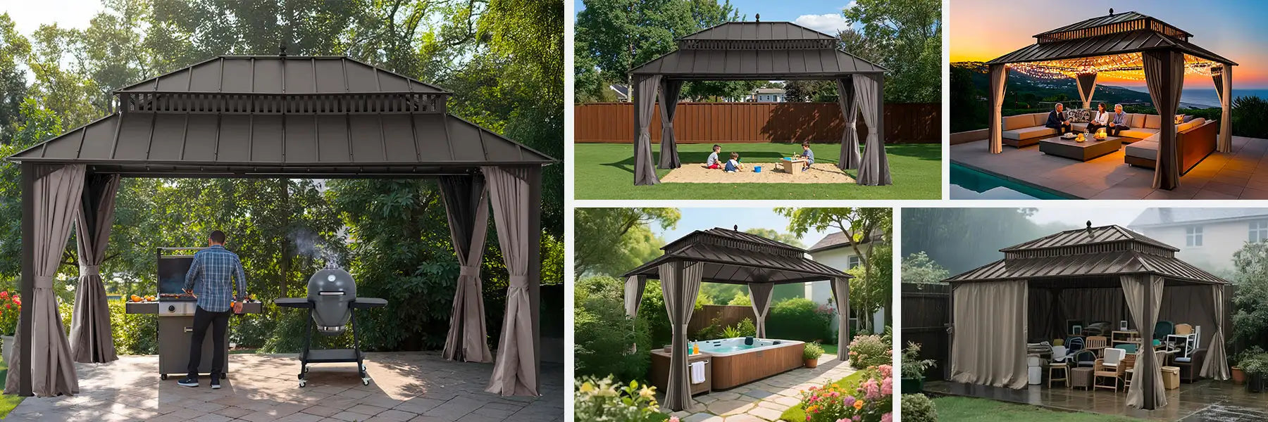 SUNJOY Kingston 12x16 Gazebo with Netting & Curtain | Steel Roof - Brown Aluminum Posts