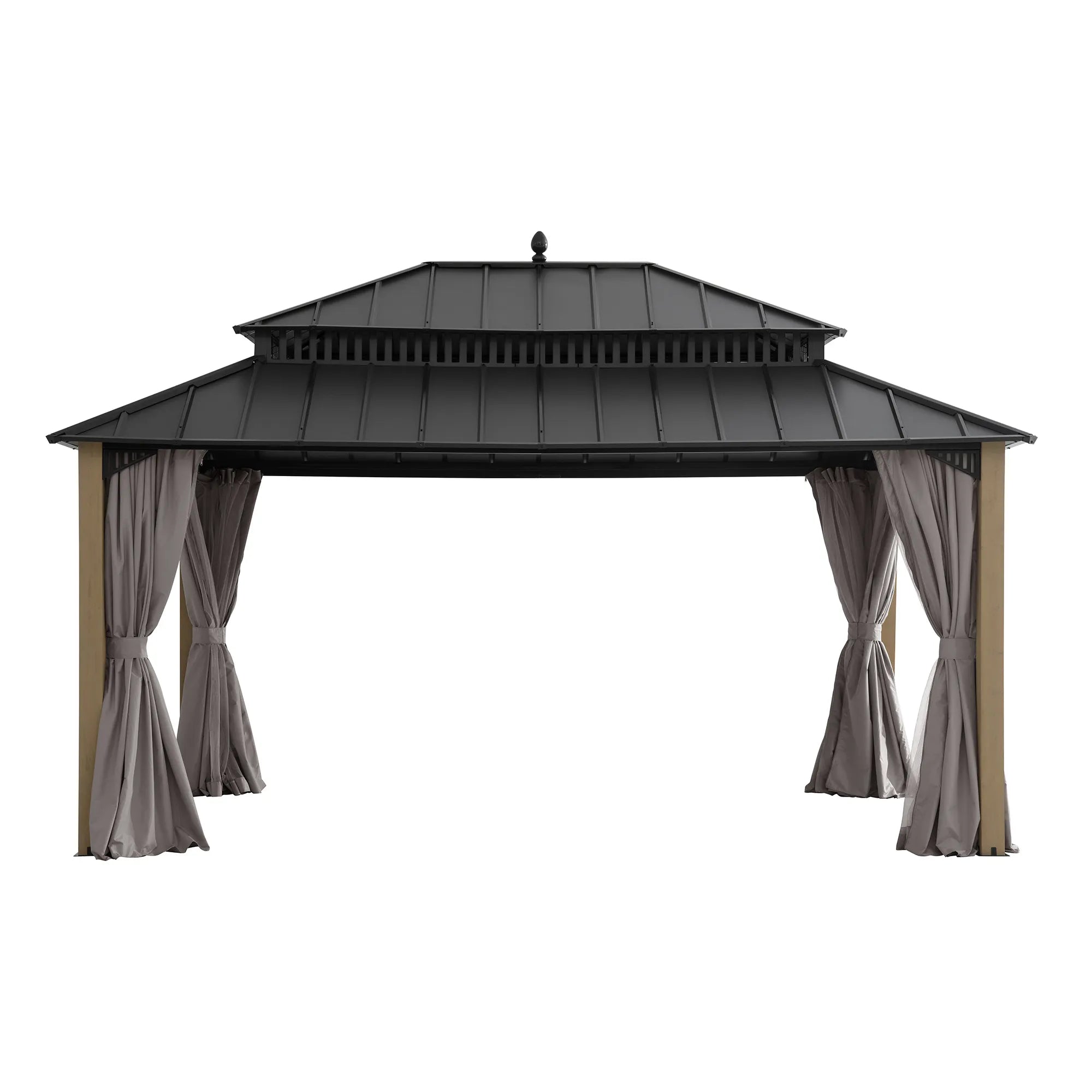 SUNJOY Kingston 12x16 Gazebo with Netting & Curtain | Steel Roof with Extra-Tall & Oversized Vent Top - Wood Posts