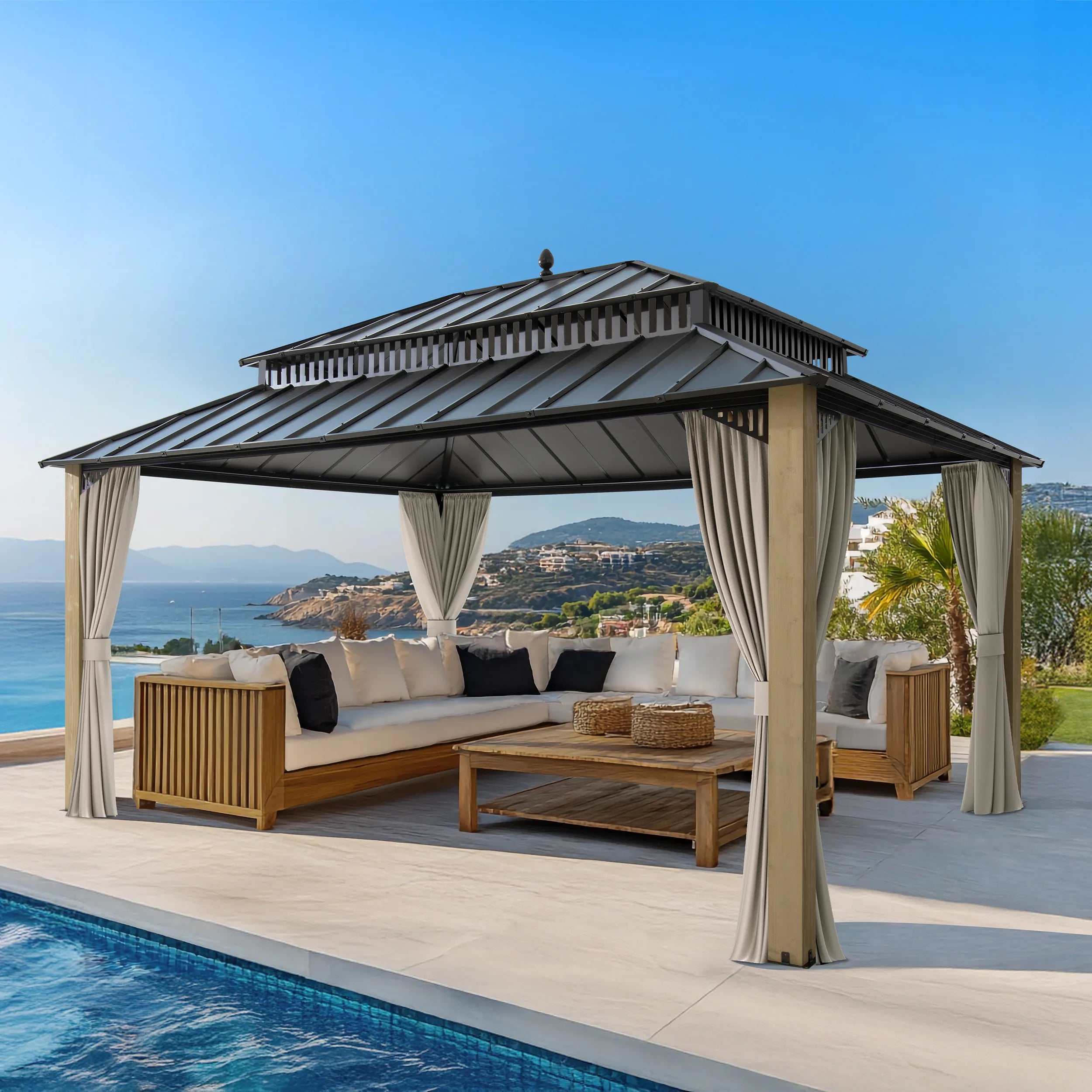 SUNJOY Kingston 12x16 Gazebo with Netting & Curtain | Steel Roof with Extra-Tall & Oversized Vent Top - Wood Posts