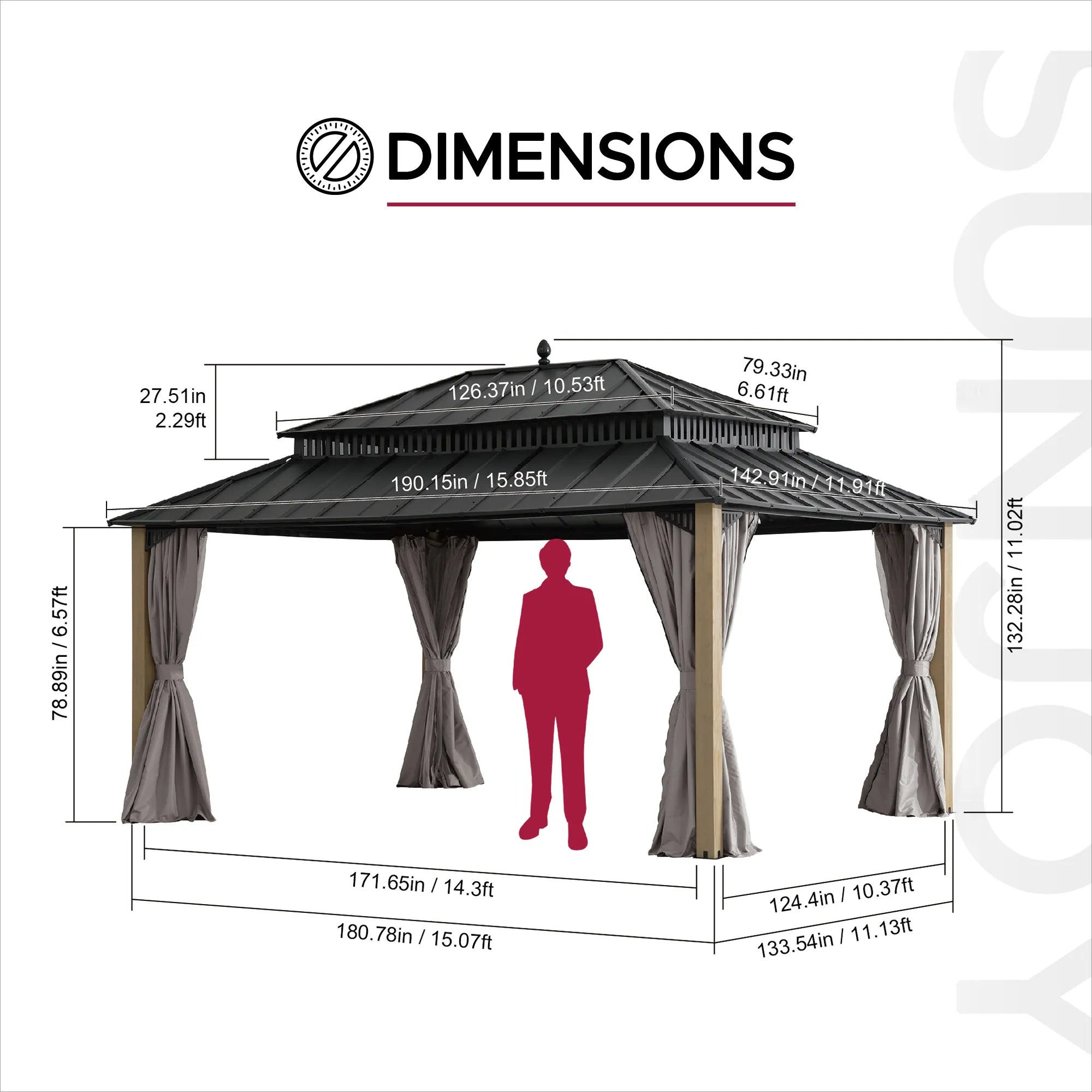 SUNJOY Kingston 12x16 Gazebo with Netting & Curtain | Steel Roof with Extra-Tall & Oversized Vent Top - Wood Posts