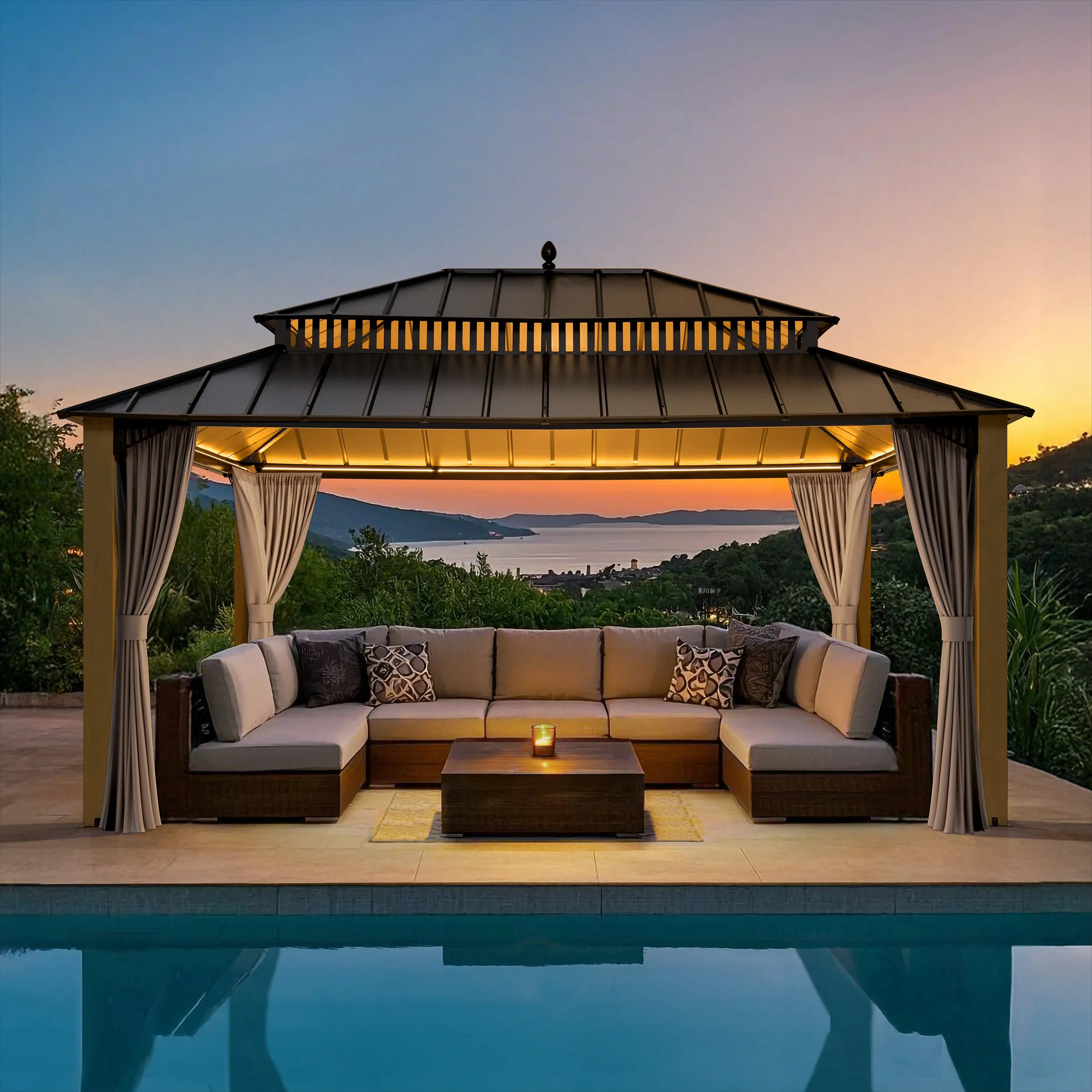 SUNJOY Kingston 12x16 Gazebo with Netting & Curtain | Steel Roof with Extra-Tall & Oversized Vent Top - Wood Posts