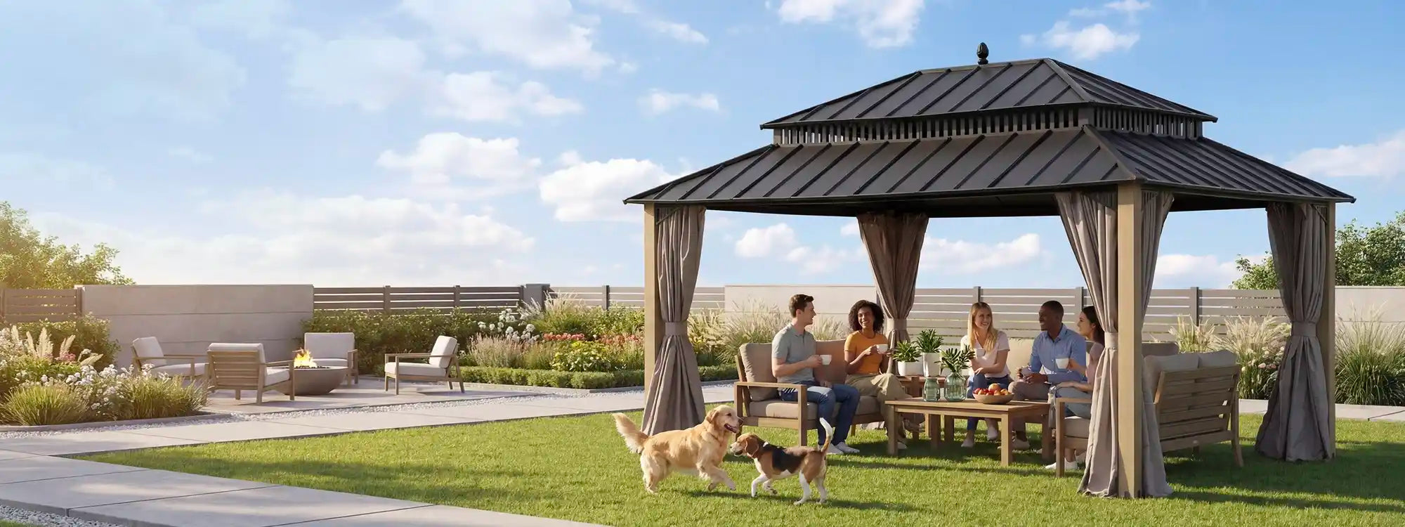 SUNJOY Kingston 12x16 Gazebo with Netting & Curtain | Steel Roof with Extra-Tall & Oversized Vent Top - Wood Posts