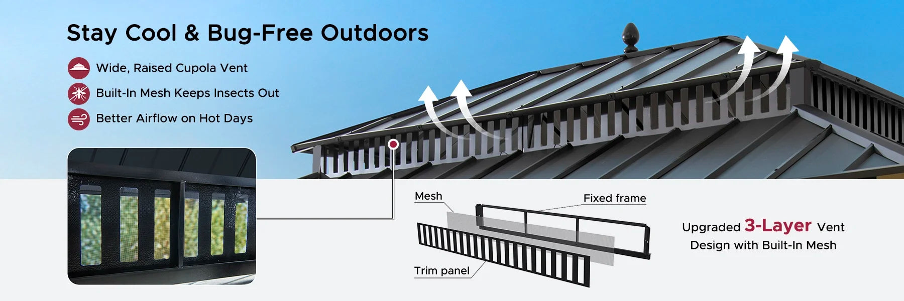 SUNJOY Kingston 12x16 Gazebo with Netting & Curtain | Steel Roof with Extra-Tall & Oversized Vent Top - Wood Posts