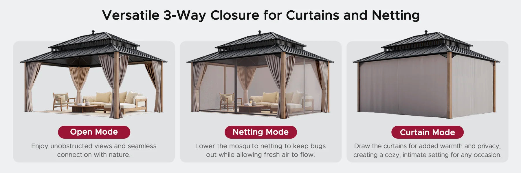 SUNJOY Kingston 12x16 Gazebo with Netting & Curtain | Steel Roof with Extra-Tall & Oversized Vent Top - Wood Posts