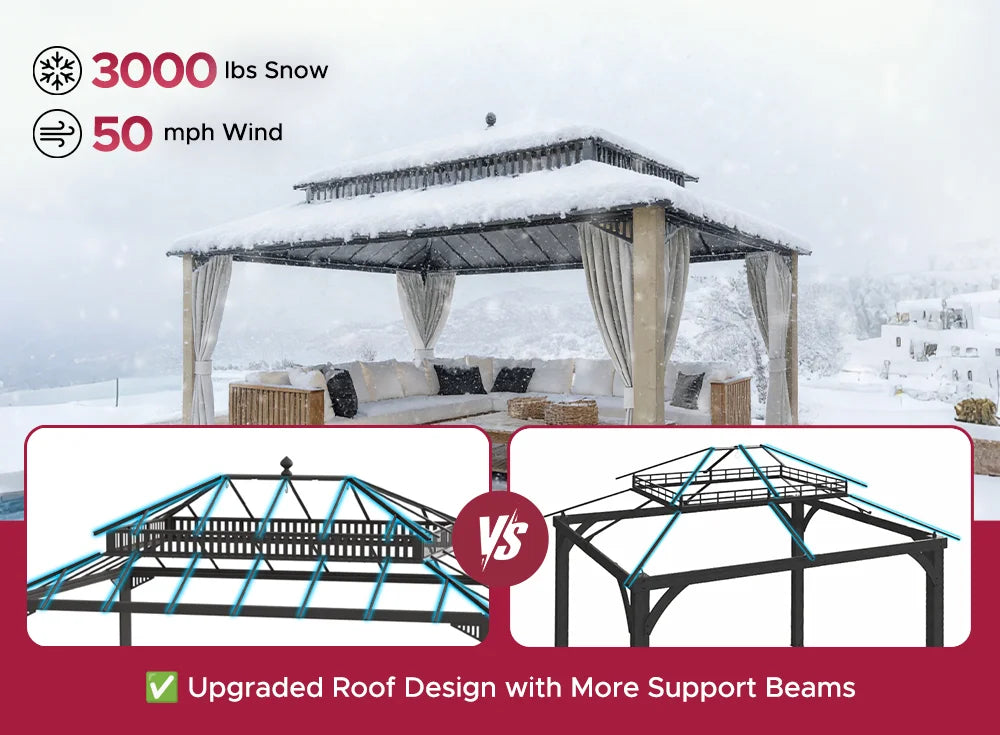 SUNJOY Kingston 12x16 Gazebo with Netting & Curtain | Steel Roof with Extra-Tall & Oversized Vent Top - Wood Posts