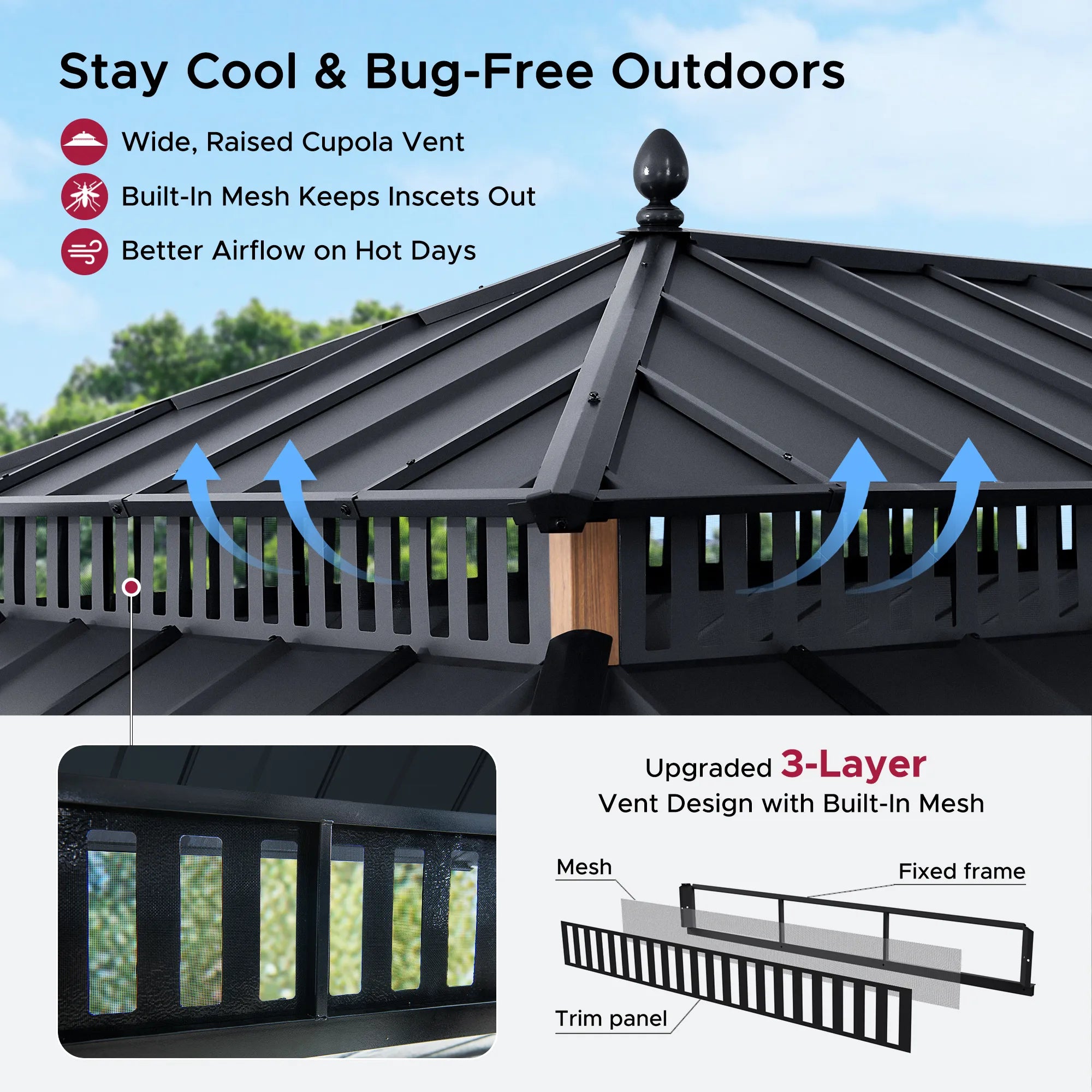 SUNJOY Kingston 12x20 Gazebo with Netting & Curtain | Steel Roof - Woodgrain Aluminum Posts