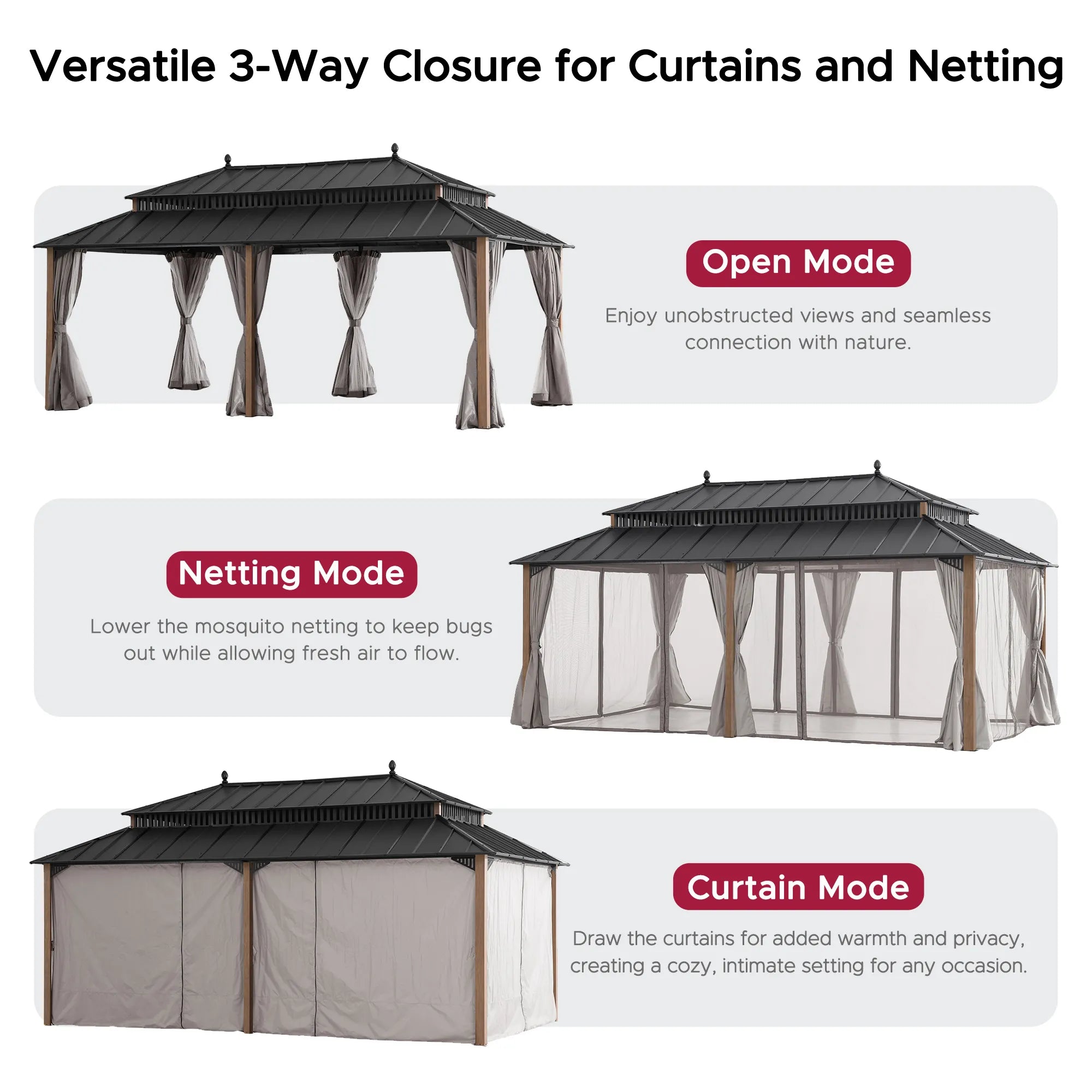 SUNJOY Kingston 12x20 Gazebo with Netting & Curtain | Steel Roof - Woodgrain Aluminum Posts