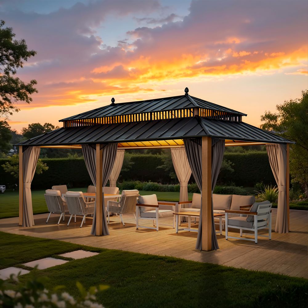 SUNJOY Kingston 12x20 Gazebo with Netting & Curtain | Steel Roof - Woodgrain Aluminum Posts