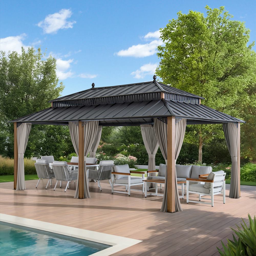 SUNJOY Kingston 12x20 Gazebo with Netting & Curtain | Steel Roof - Woodgrain Aluminum Posts
