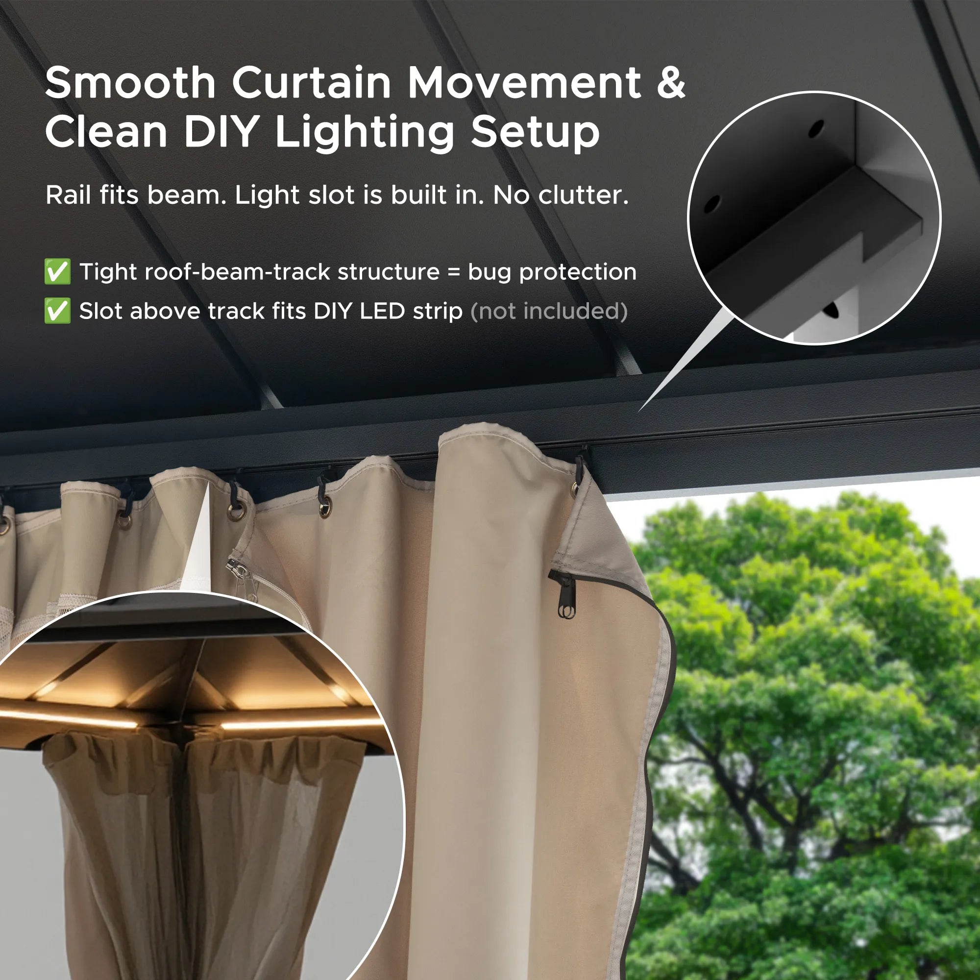 SUNJOY Kingston 12x20 Gazebo with Netting & Curtain | Steel Roof - Woodgrain Aluminum Posts