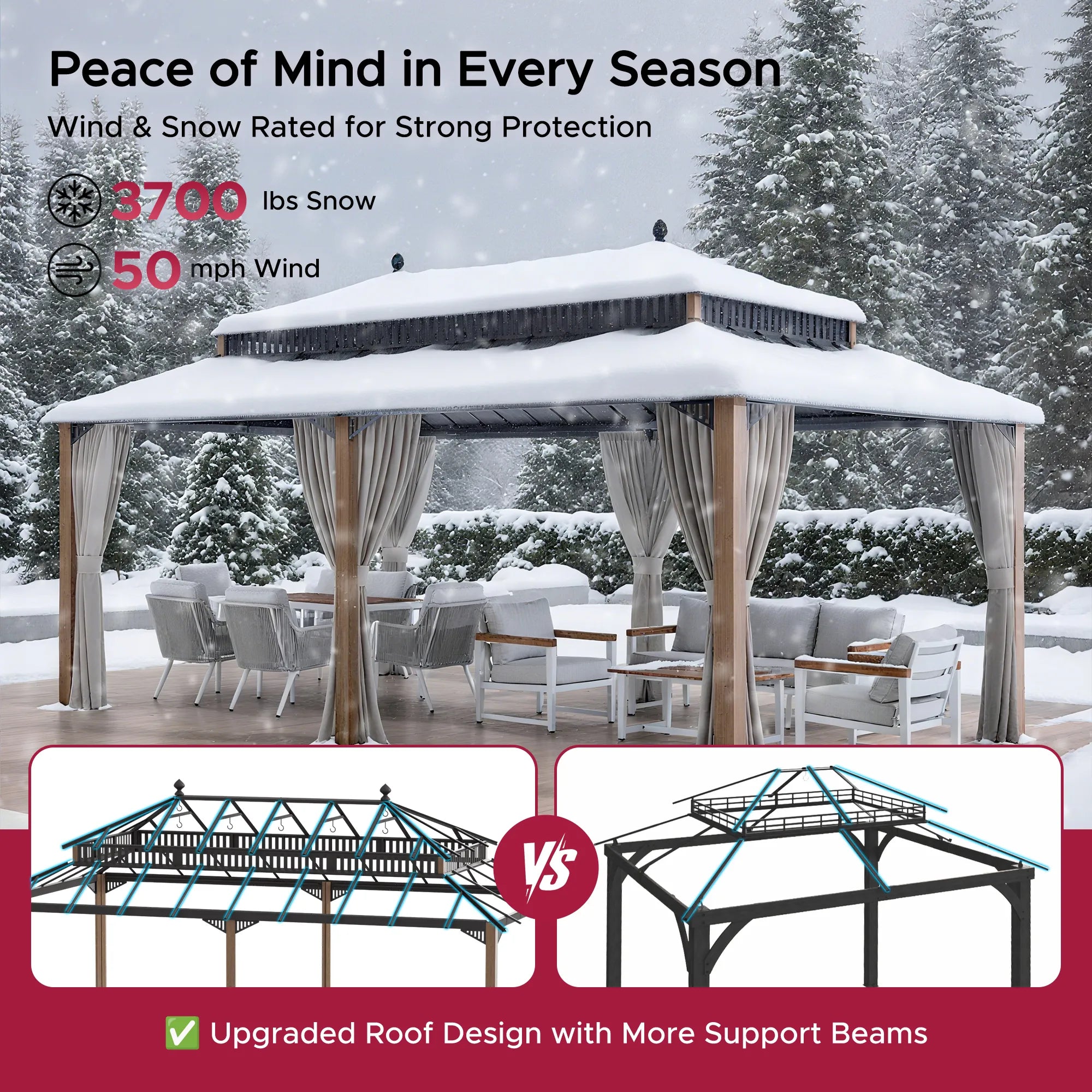 SUNJOY Kingston 12x20 Gazebo with Netting & Curtain | Steel Roof - Woodgrain Aluminum Posts