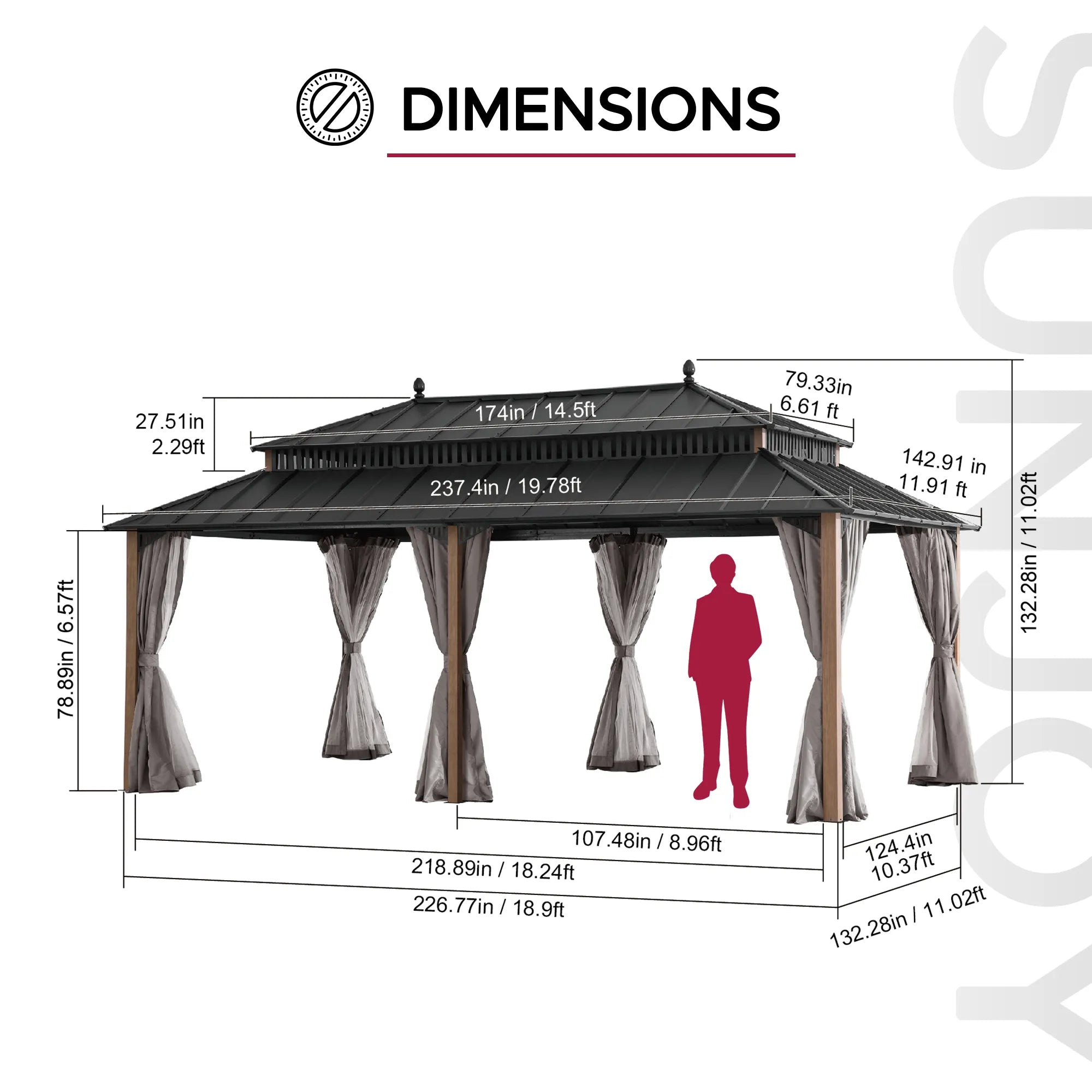 SUNJOY Kingston 12x20 Gazebo with Netting & Curtain | Steel Roof - Woodgrain Aluminum Posts