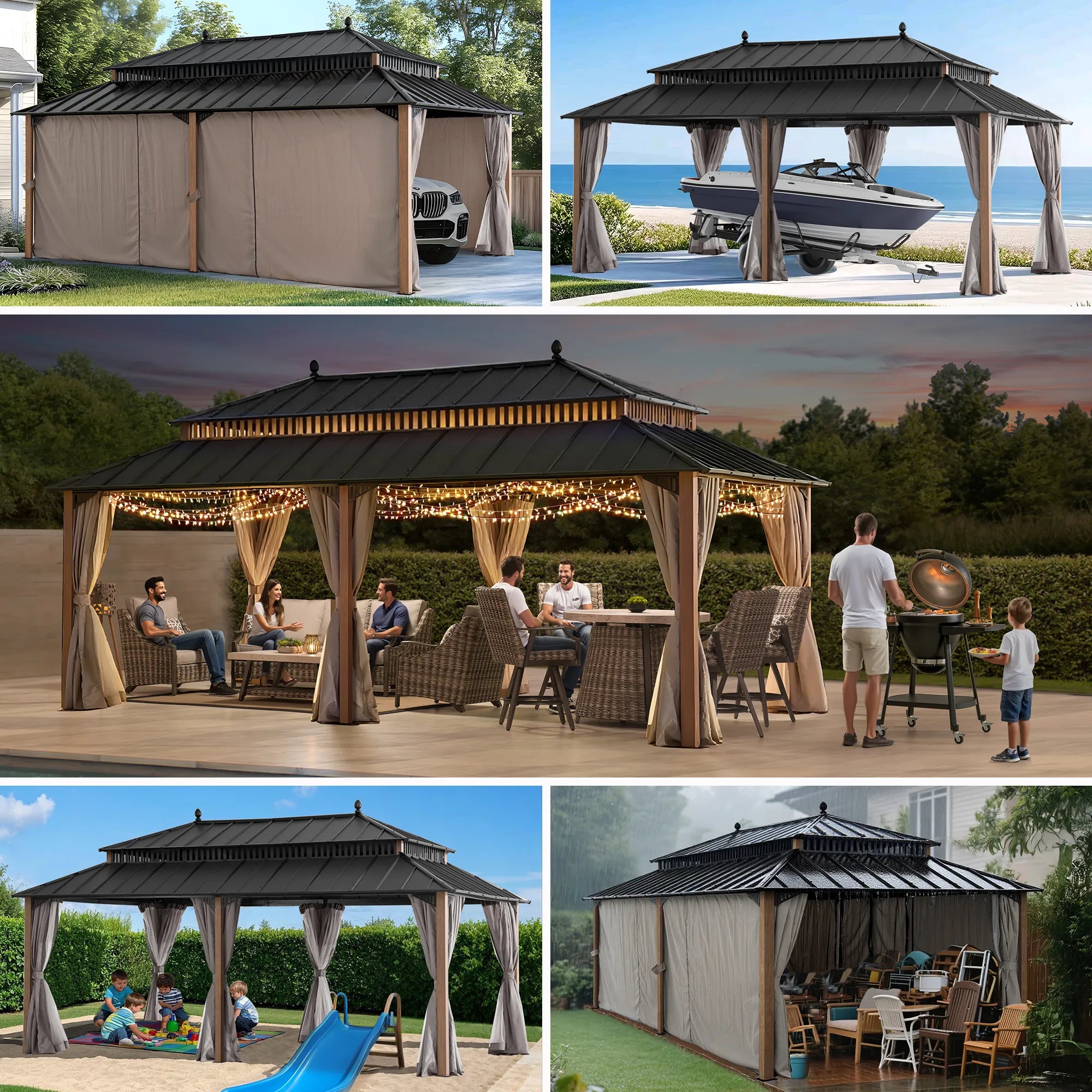 SUNJOY Kingston 12x20 Gazebo with Netting & Curtain | Steel Roof - Woodgrain Aluminum Posts