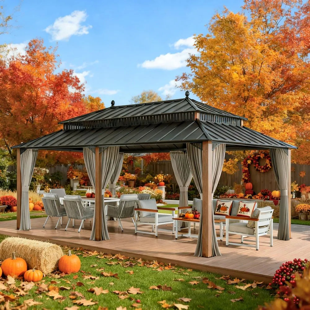 Gazebo with outdoor furniture and decorations in an autumn setting