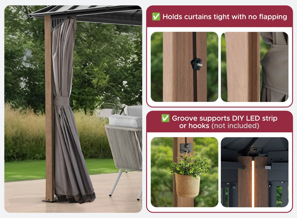 SUNJOY Kingston 12x20 Gazebo with Netting & Curtain | Steel Roof - Woodgrain Aluminum Posts