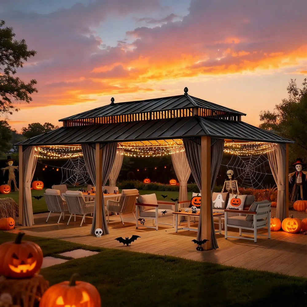Halloween-themed outdoor setting with a gazebo, pumpkins, and decorations against a colorful sunset.