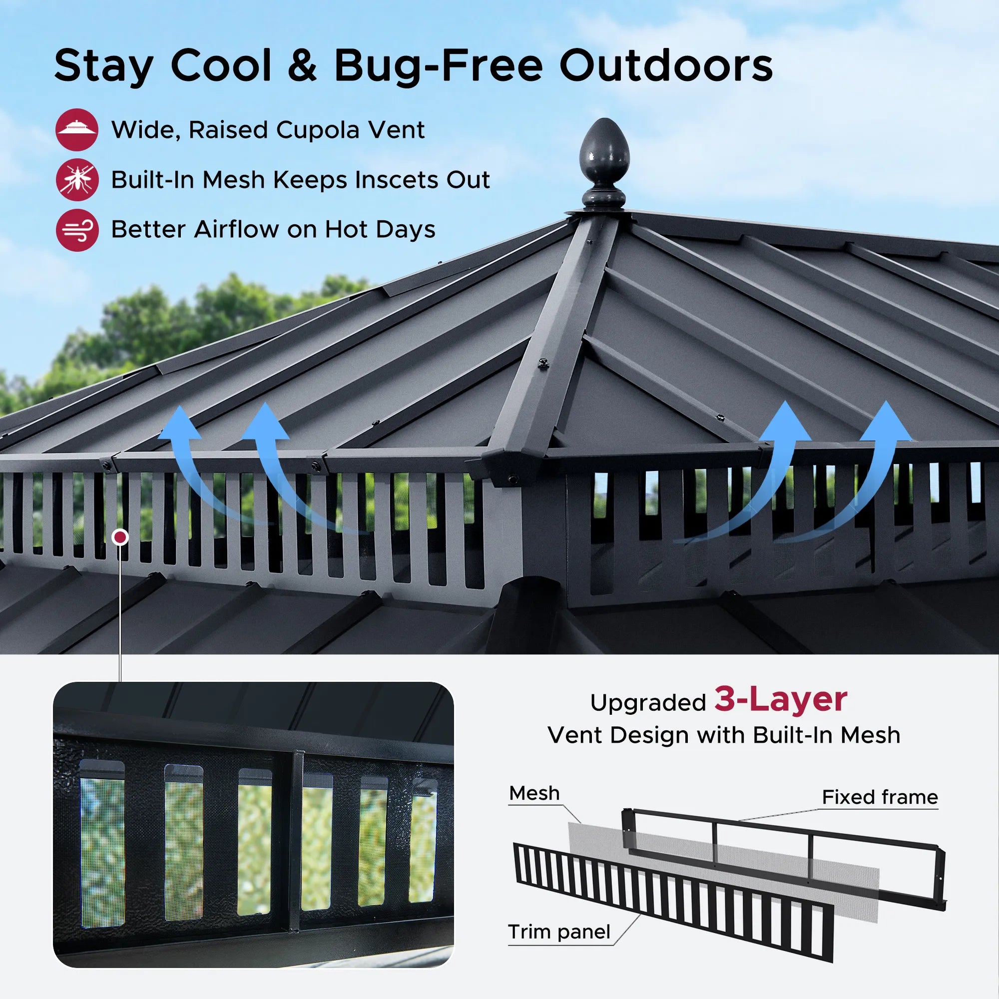 SUNJOY Kingston 12x20 Gazebo with Netting & Curtain | Steel Roof - Gray Aluminum Posts