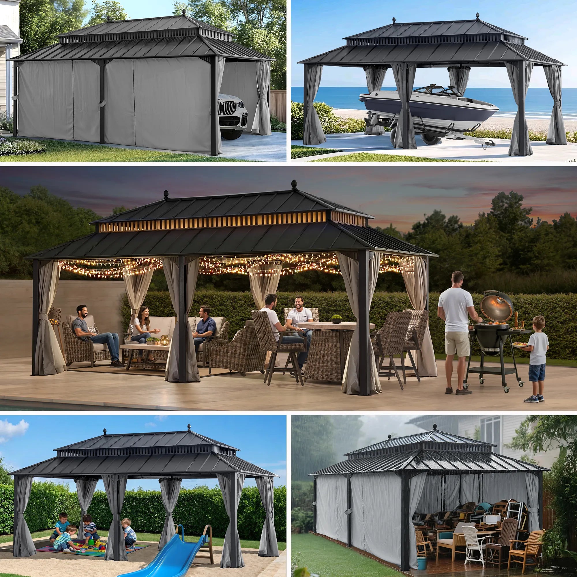 SUNJOY Kingston 12x20 Gazebo with Netting & Curtain | Steel Roof - Gray Aluminum Posts