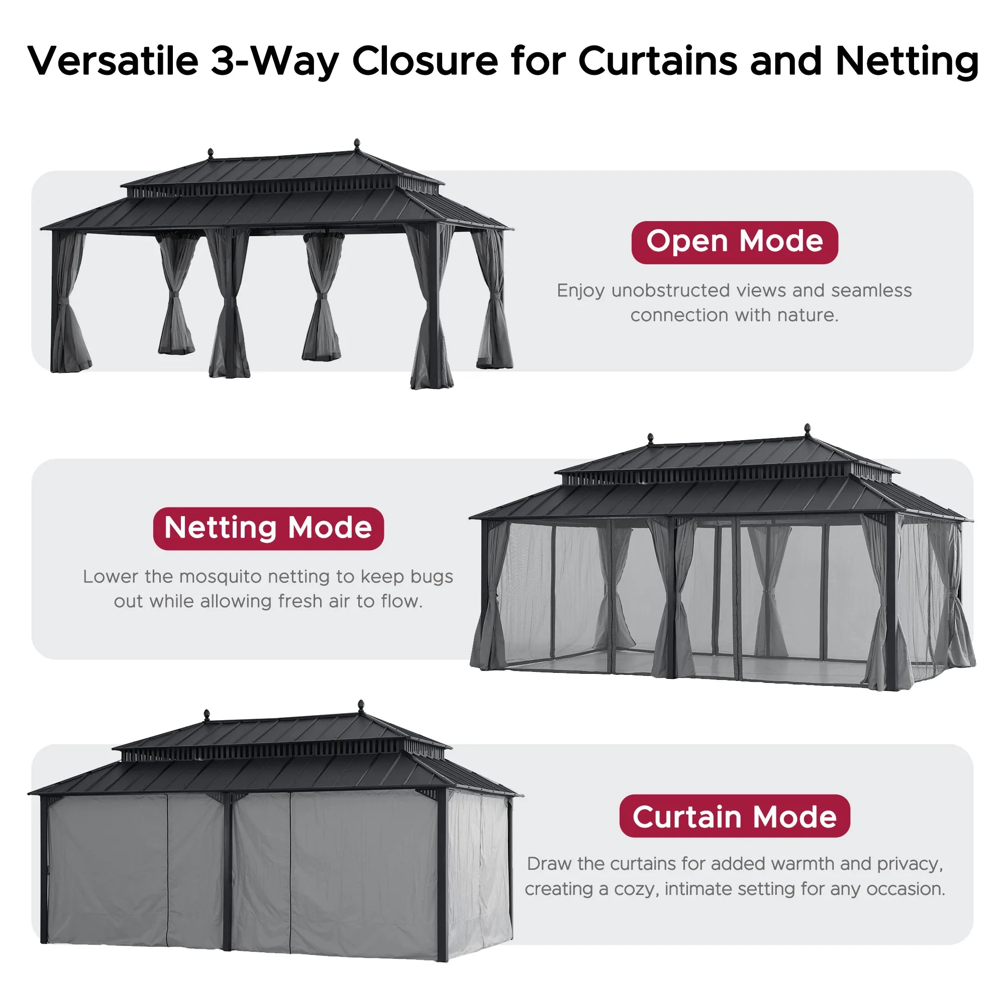SUNJOY Kingston 12x20 Gazebo with Netting & Curtain | Steel Roof - Gray Aluminum Posts