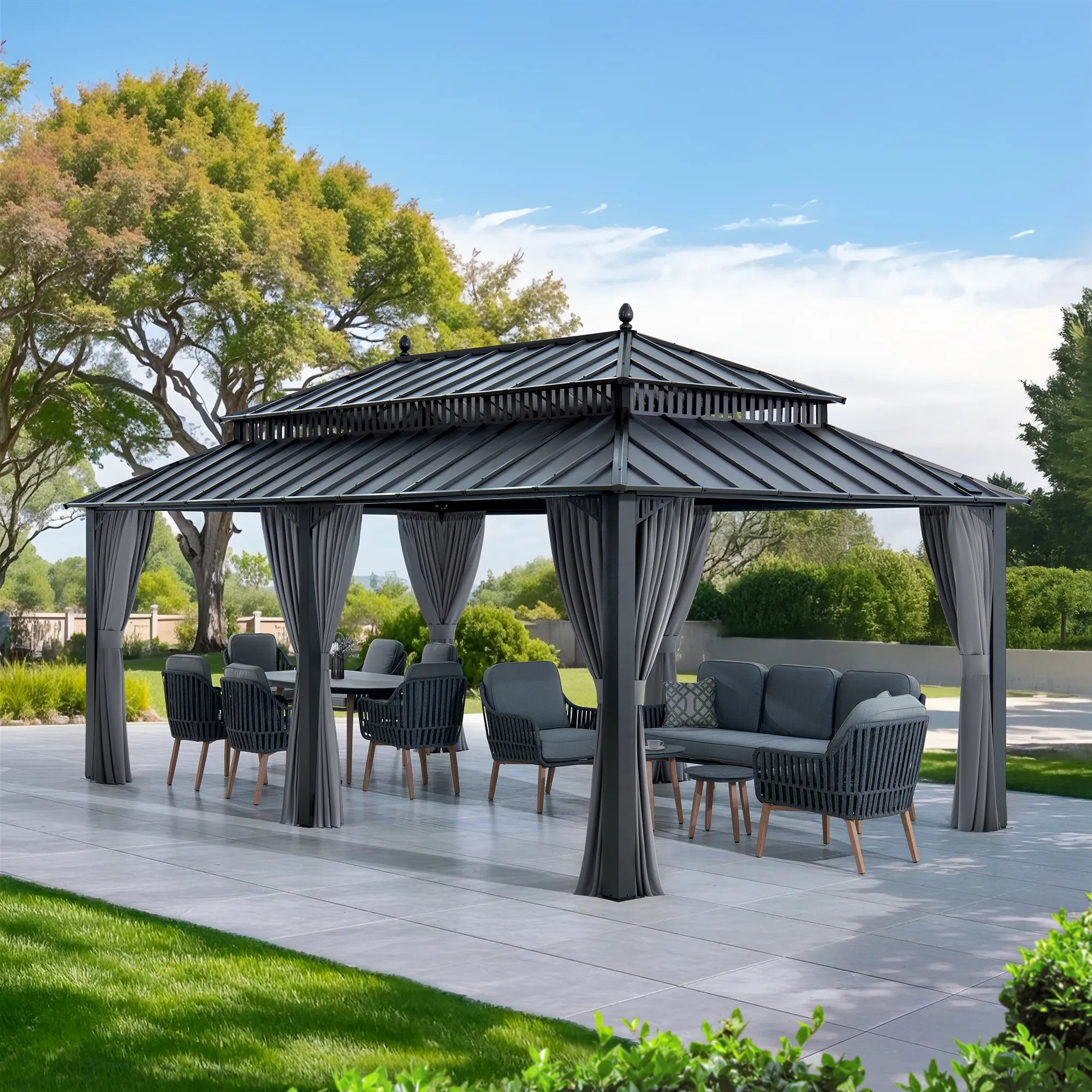 SUNJOY Kingston 12x20 Gazebo with Netting & Curtain | Steel Roof - Gray Aluminum Posts