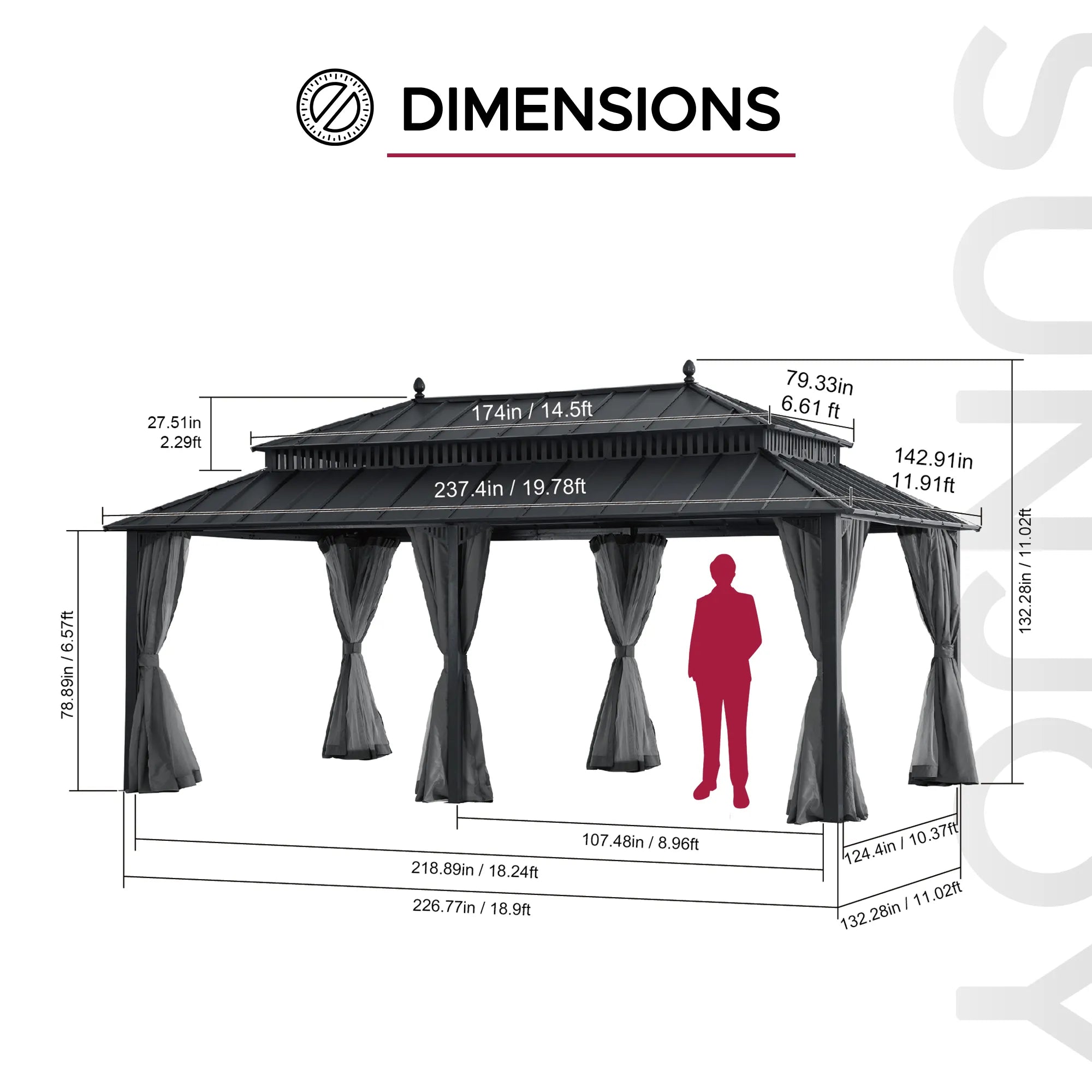 SUNJOY Kingston 12x20 Gazebo with Netting & Curtain | Steel Roof - Gray Aluminum Posts
