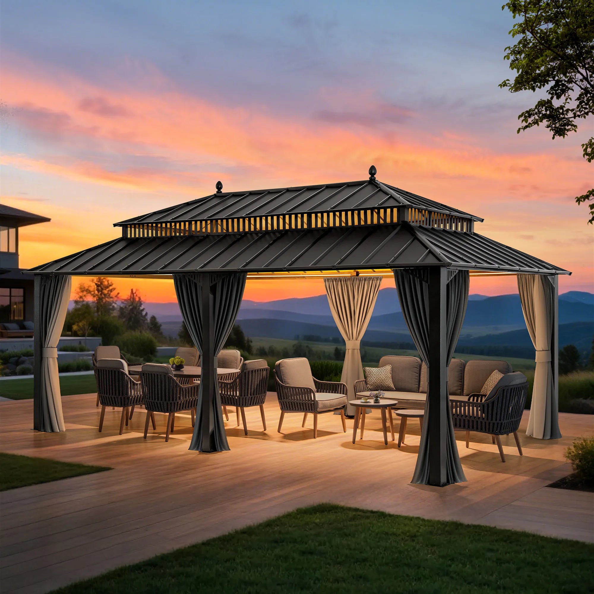 SUNJOY Kingston 12x20 Gazebo with Netting & Curtain | Steel Roof - Gray Aluminum Posts