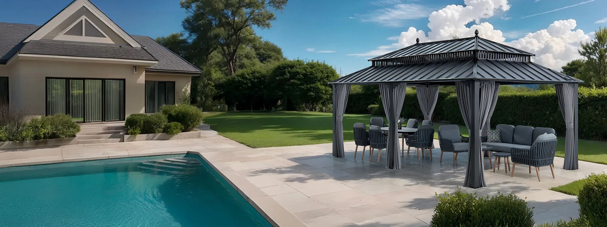 SUNJOY Kingston 12x20 Gazebo with Netting & Curtain | Steel Roof - Gray Aluminum Posts