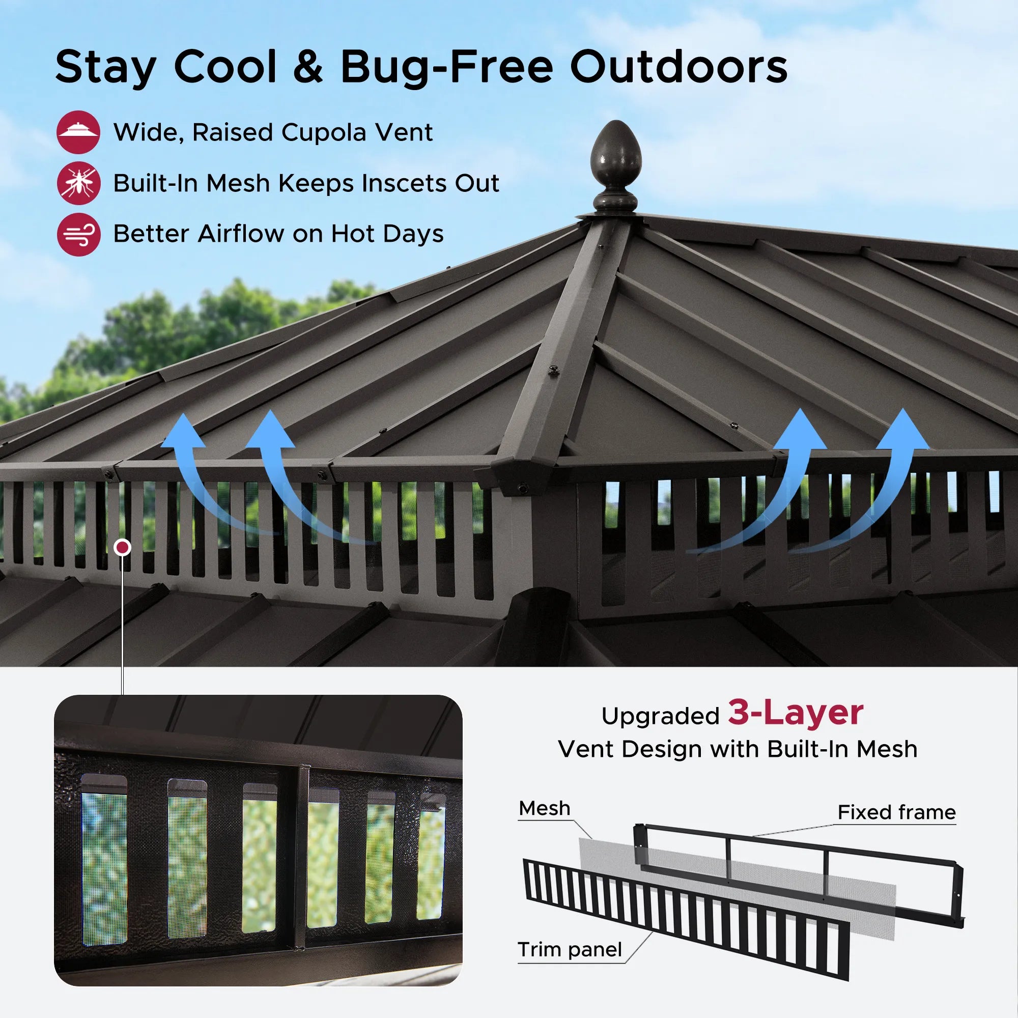 SUNJOY Kingston 12x20 Gazebo with Netting & Curtain | Steel Roof - Brown Aluminum Posts