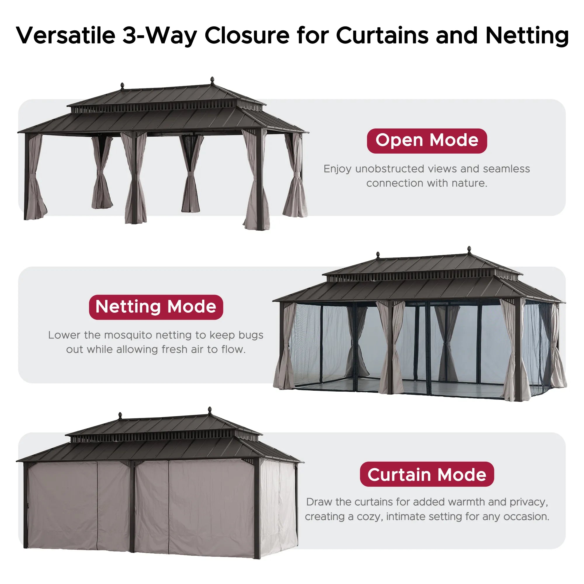 SUNJOY Kingston 12x20 Gazebo with Netting & Curtain | Steel Roof - Brown Aluminum Posts