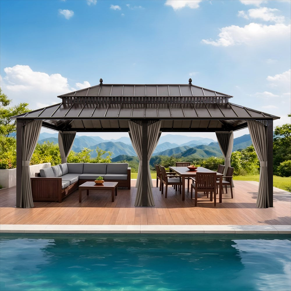 SUNJOY Kingston 12x20 Gazebo with Netting & Curtain | Steel Roof - Brown Aluminum Posts