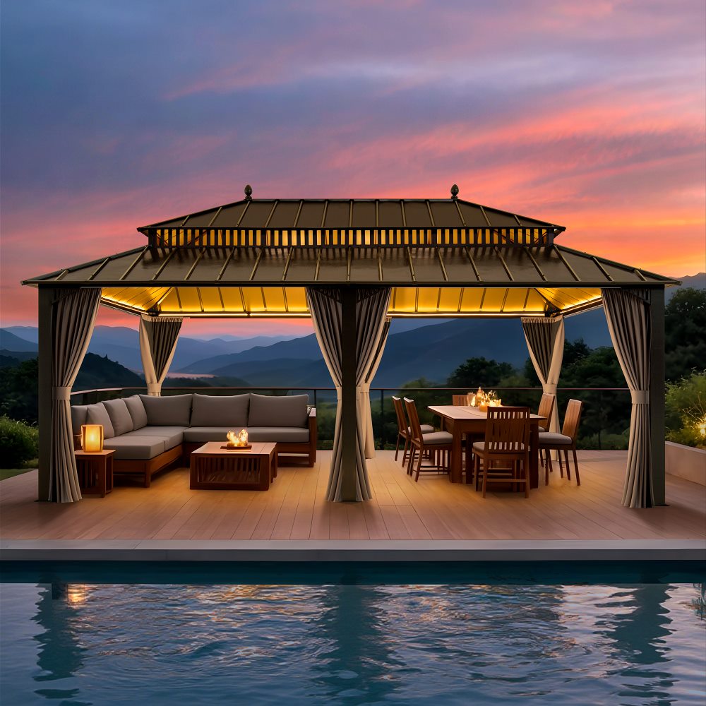 SUNJOY Kingston 12x20 Gazebo with Netting & Curtain | Steel Roof - Brown Aluminum Posts