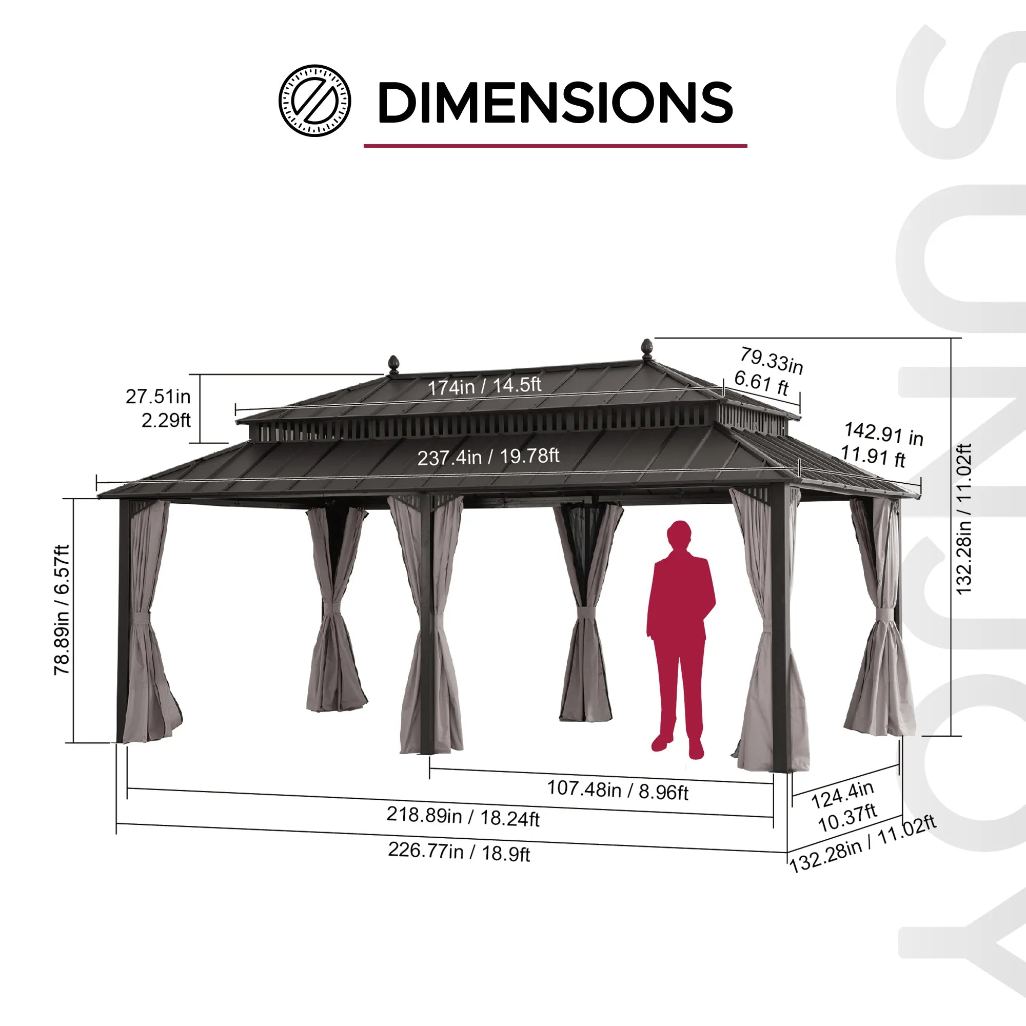 SUNJOY Kingston 12x20 Gazebo with Netting & Curtain | Steel Roof - Brown Aluminum Posts