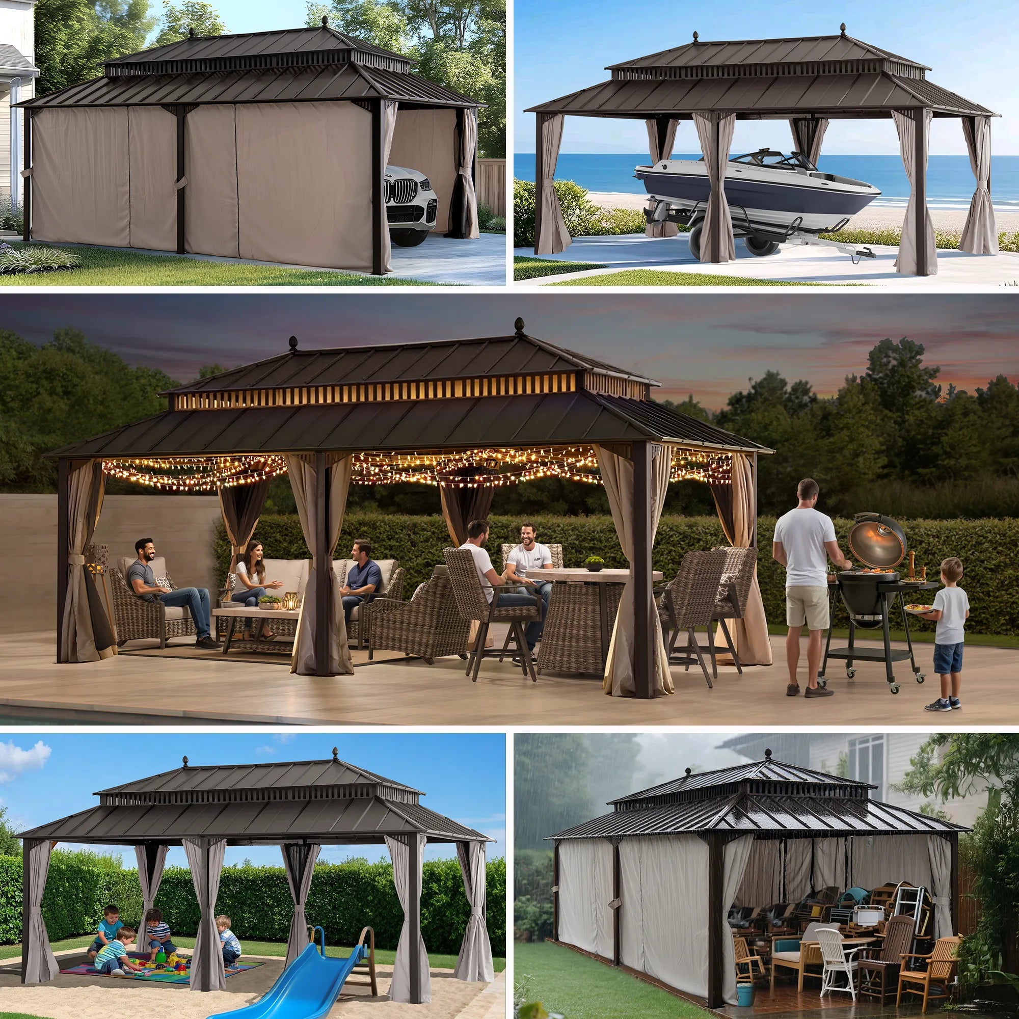 SUNJOY Kingston 12x20 Gazebo with Netting & Curtain | Steel Roof - Brown Aluminum Posts