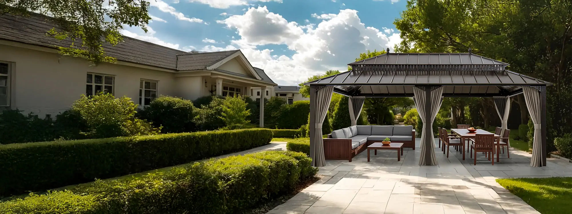 SUNJOY Kingston 12x20 Gazebo with Netting & Curtain | Steel Roof - Brown Aluminum Posts