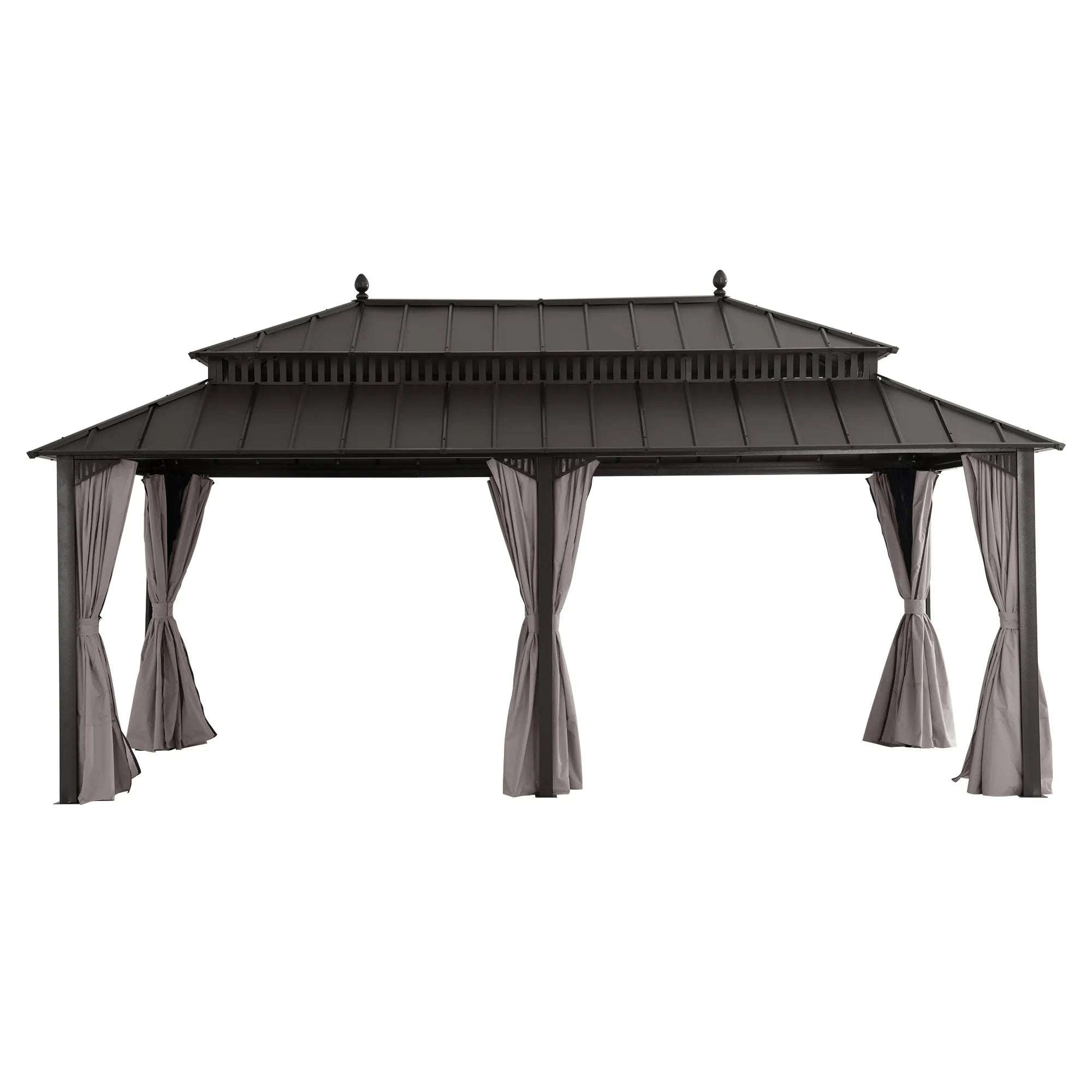 SUNJOY Kingston 12x20 Gazebo with Netting & Curtain | Steel Roof - Brown Aluminum Posts
