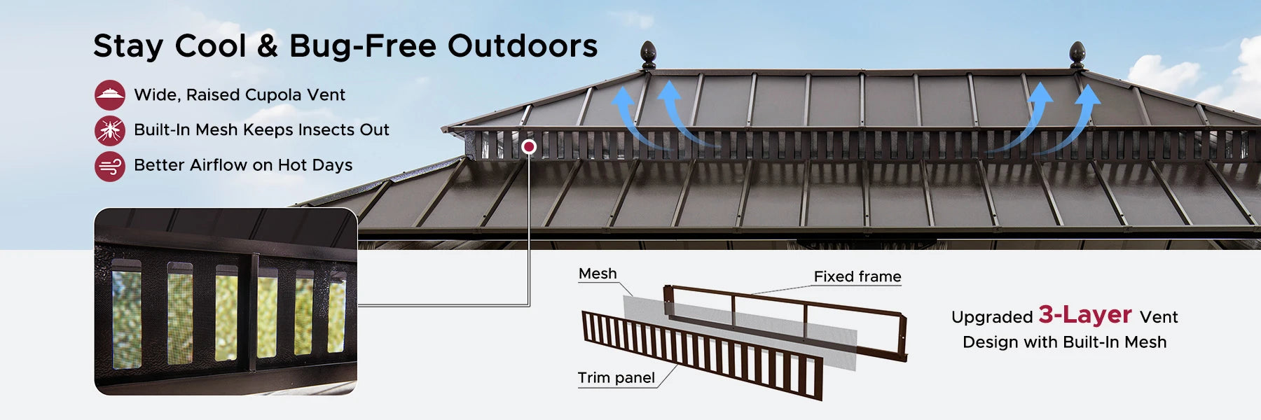 SUNJOY Kingston 12x20 Gazebo with Netting & Curtain | Steel Roof - Brown Aluminum Posts
