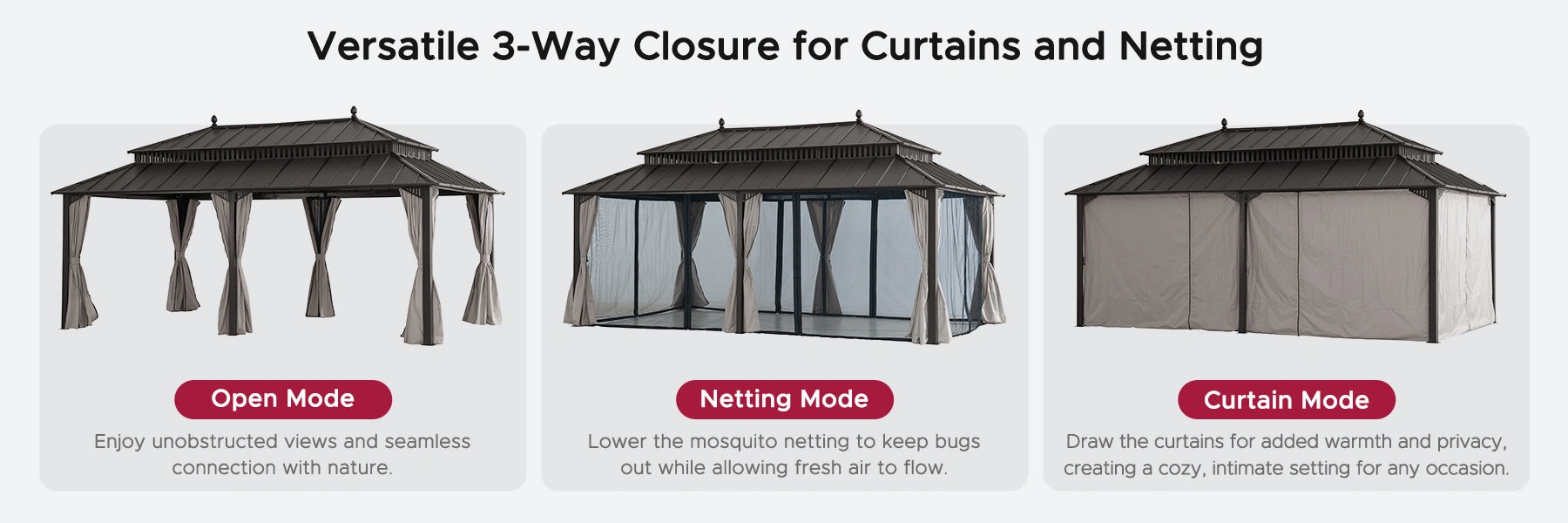 SUNJOY Kingston 12x20 Gazebo with Netting & Curtain | Steel Roof - Brown Aluminum Posts