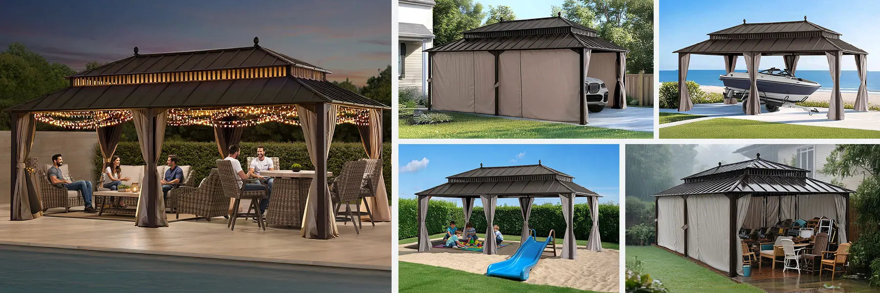 SUNJOY Kingston 12x20 Gazebo with Netting & Curtain | Steel Roof - Brown Aluminum Posts