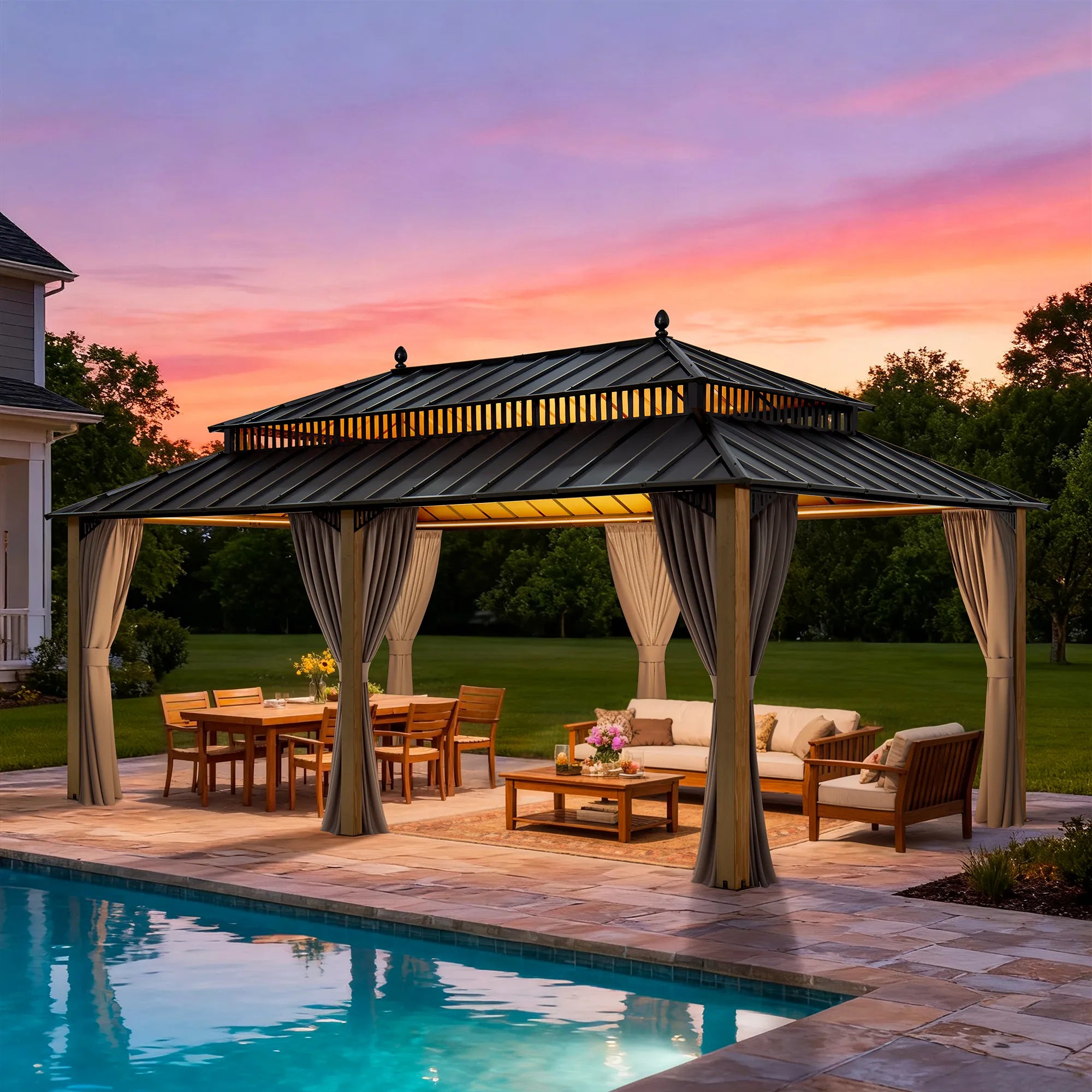 SUNJOY Kingston 12x20 Gazebo with Netting & Curtain | Steel Roof with Extra-Tall & Oversized Vent Top - Wood Posts