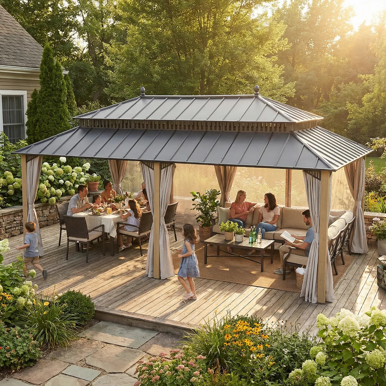 SUNJOY Kingston 12x20 Gazebo with Netting & Curtain | Steel Roof with Extra-Tall & Oversized Vent Top - Cedar Wood Posts