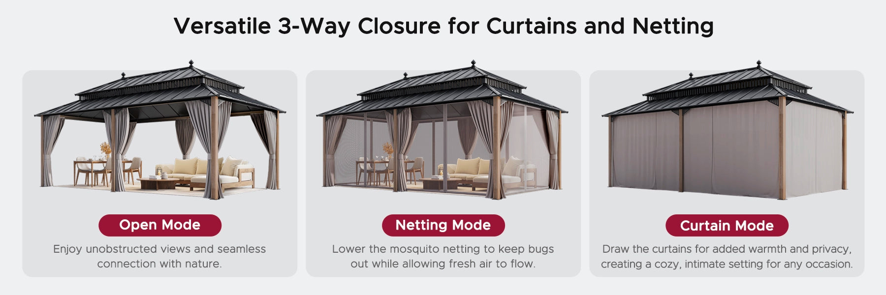 SUNJOY Kingston 12x20 Gazebo with Netting & Curtain | Steel Roof with Extra-Tall & Oversized Vent Top - Wood Posts