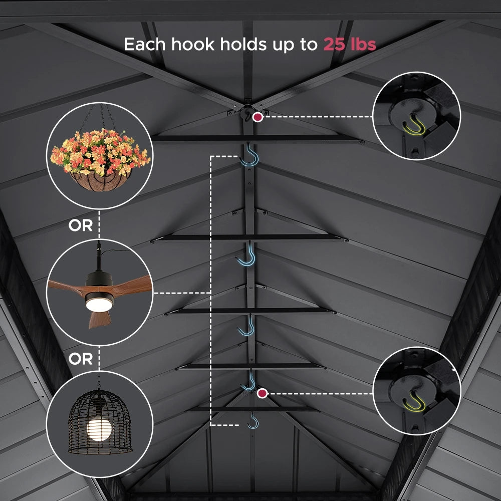 SUNJOY Kingston 12x20 Gazebo with Netting & Curtain | Steel Roof with Extra-Tall & Oversized Vent Top - Wood Posts