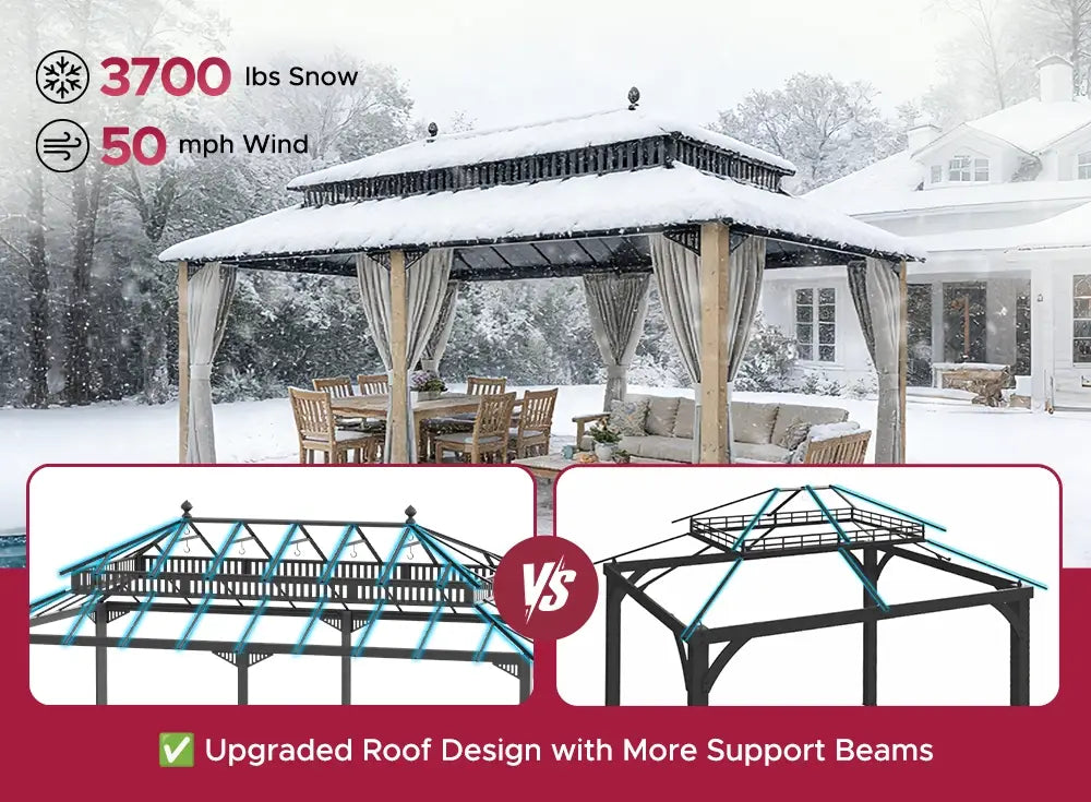 SUNJOY Kingston 12x20 Gazebo with Netting & Curtain | Steel Roof with Extra-Tall & Oversized Vent Top - Wood Posts