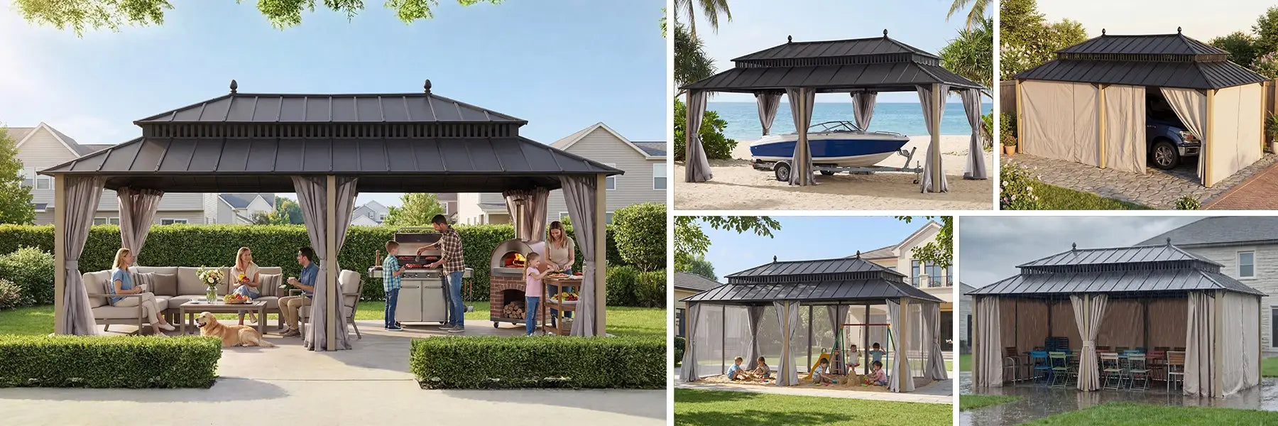 SUNJOY Kingston 12x20 Gazebo with Netting & Curtain | Steel Roof with Extra-Tall & Oversized Vent Top - Wood Posts