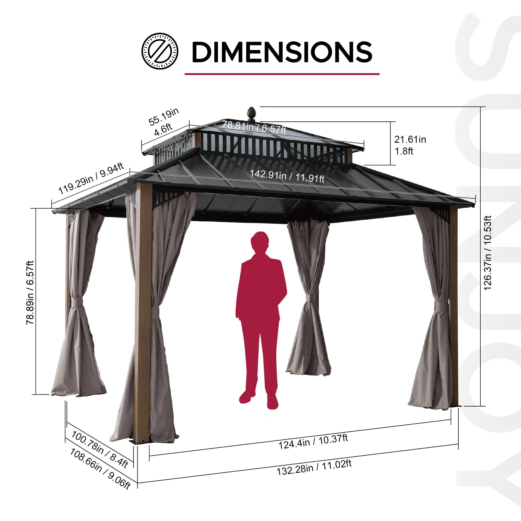 SUNJOY Kingston 12x10 Gazebo with Netting & Curtain | Steel & PC Roof - Woodgrain Aluminum Posts